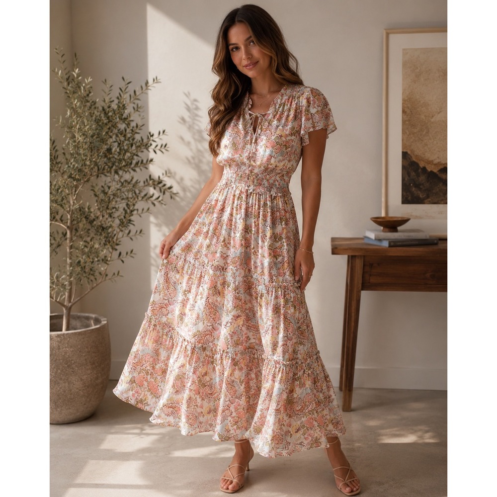 Joie de Vivre Floral Paisley Tiered Maxi Dress Smocked Waist Pink Yellow Large